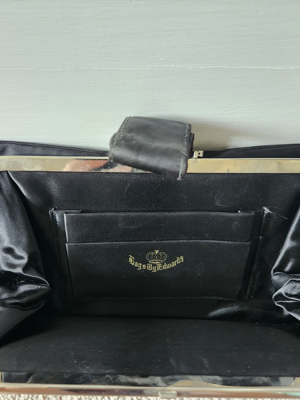 Vintage Black Satin Clutch with Crystal Bar